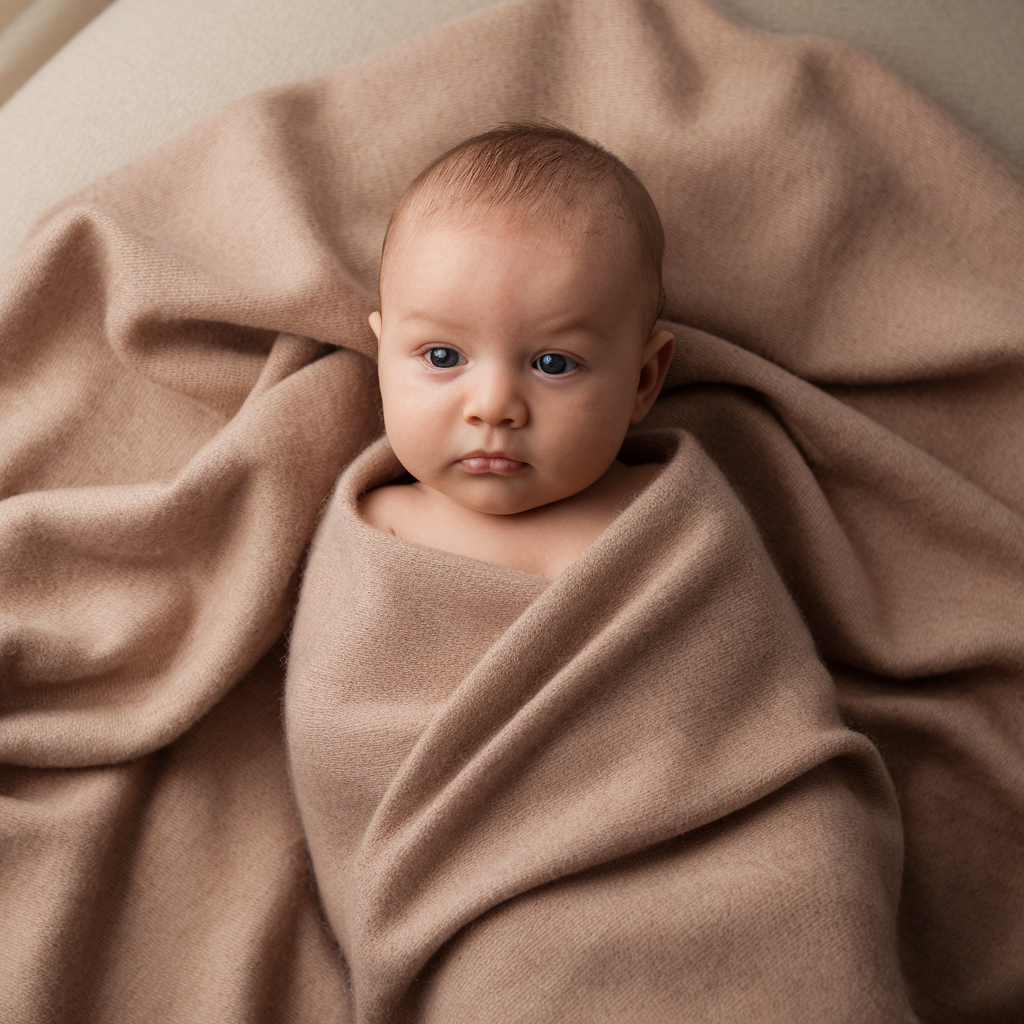 BabyBooey cashmere and Merino wool baby blanket folded in navy luxury gift box with gold branding